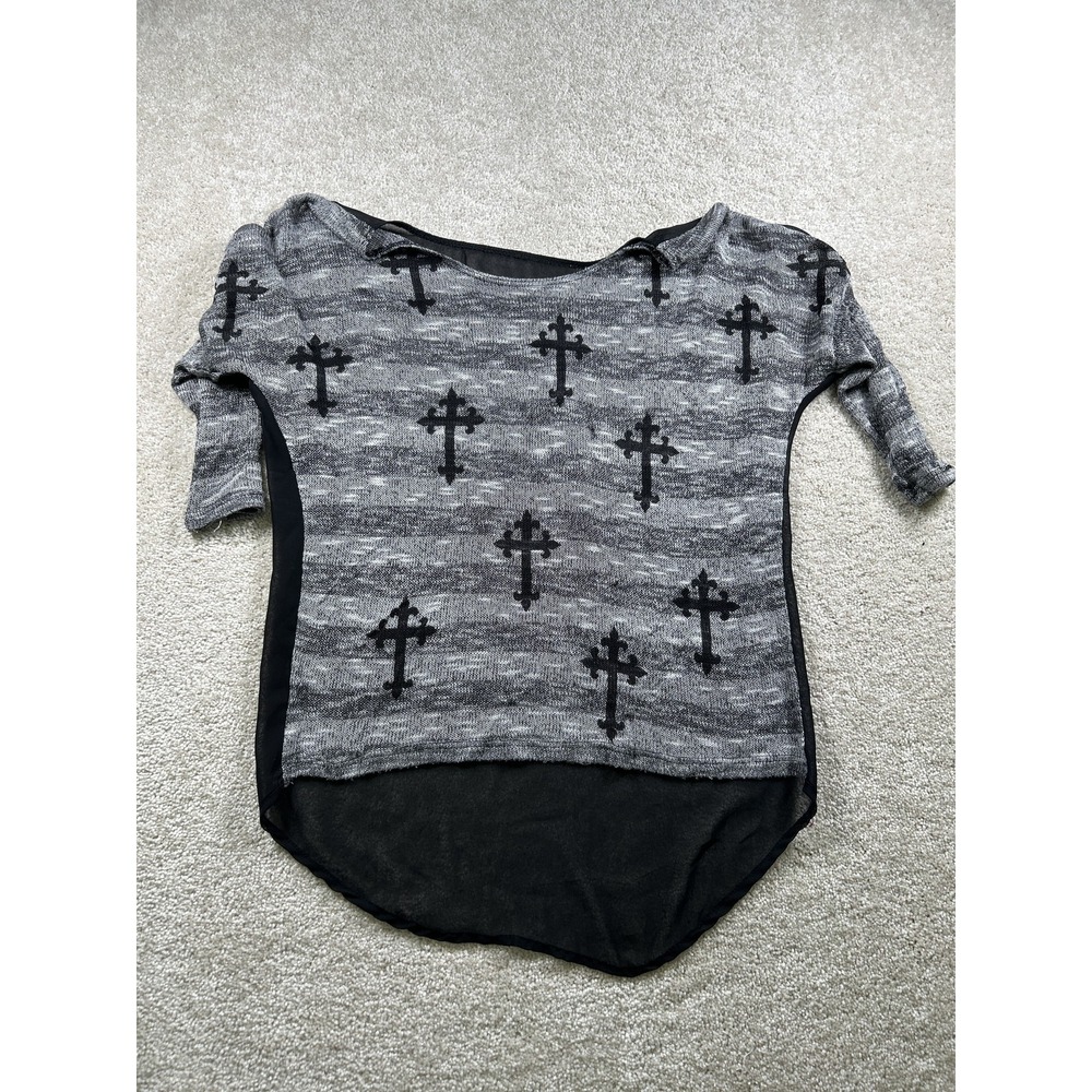 Cross‎ Print Shirt Womens Large Semi Sheer Asymmetrical Hem Pullover Gothic Top